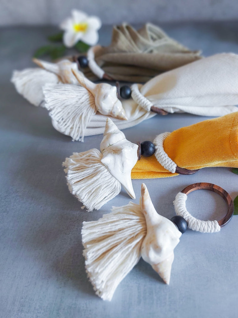 Coastal Napkin Rings with Shell, Wooden Ring and Cotton Tassel - Set of 4 - Zapurah - Home Decor - www.zapurah.com